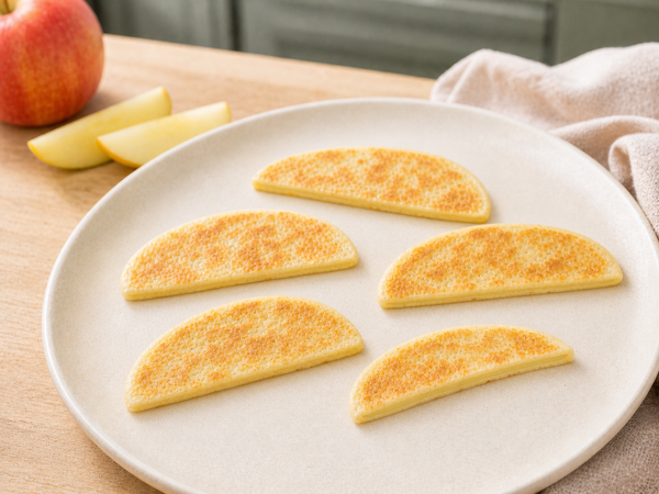 Weiche Apfelscheiben im Pancake-Mantel auf einem Teller, daneben frische Apfelspalten
