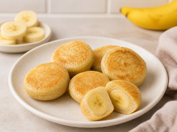 Goldbraune Bananen-Pancake-Bites auf einem Teller, daneben frische Bananenscheiben