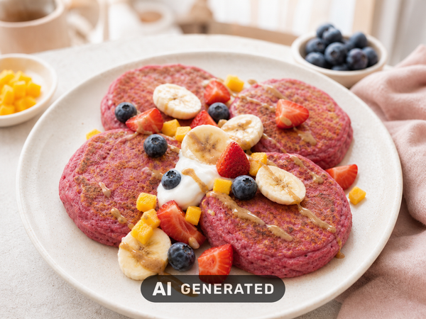 Rosa Einhorn-Pancakes mit Beeren, Banane, Mango und Joghurt auf einem Teller