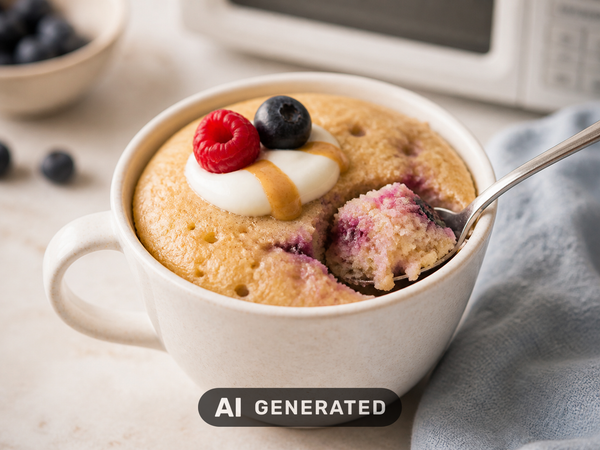 Pancake Mug Cake in einer Tasse mit Joghurt, Himbeere und Heidelbeere, ein Löffel hebt einen Bissen heraus