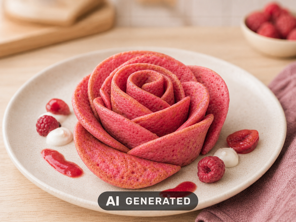 Essbare Pancake-Rose aus rosa Pancakes mit Himbeeren und Joghurt auf einem Teller