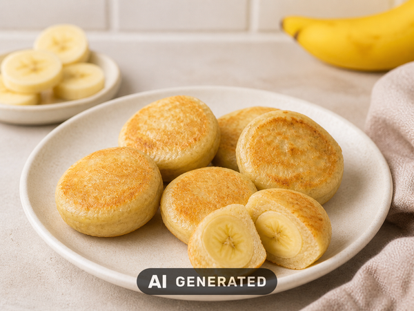 Goldbraune Bananen-Pancake-Bites auf einem Teller, daneben frische Bananenscheiben