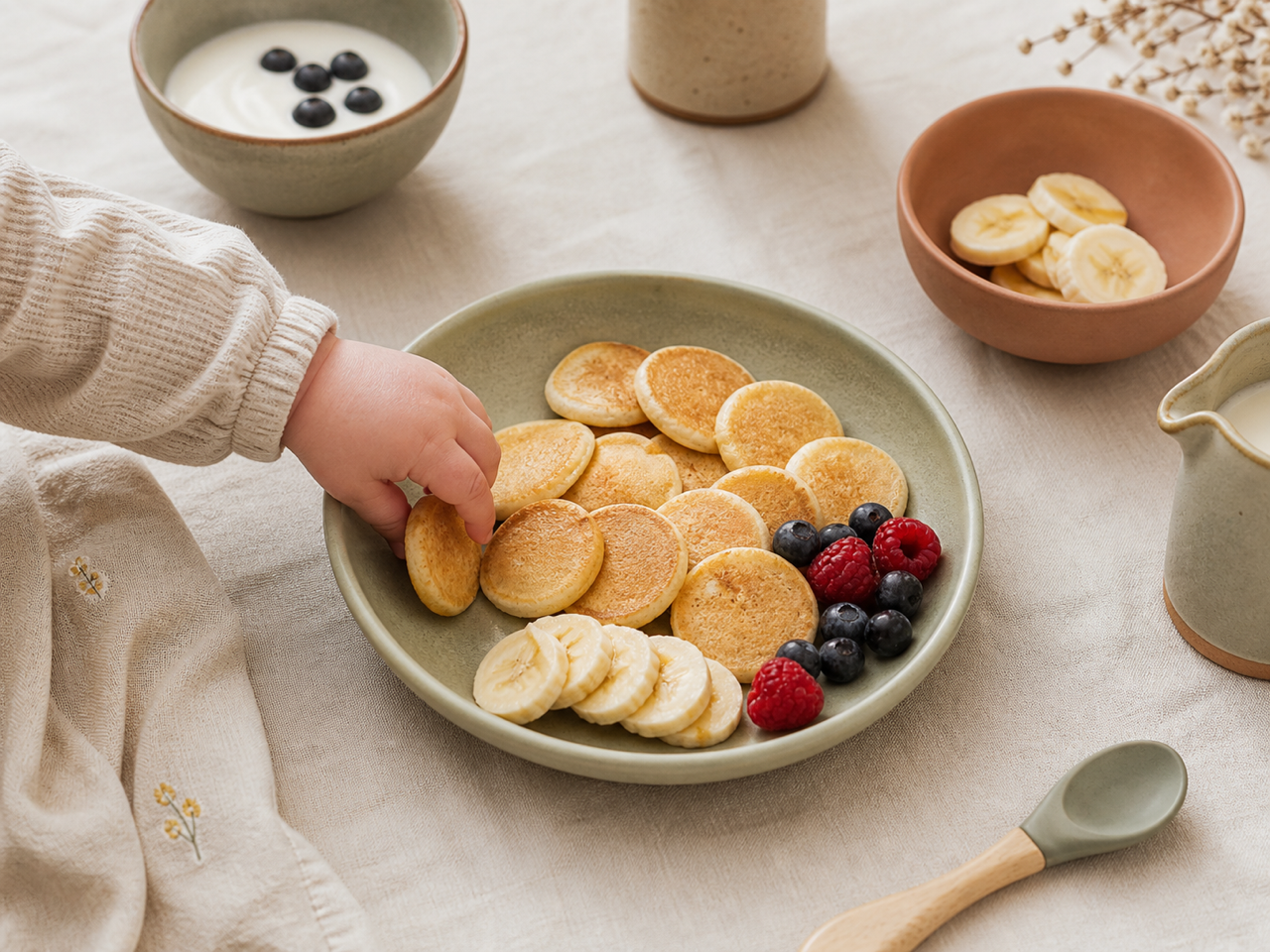Frühstückstisch mit Baby Pancakes und Beeren, eine Babyhand greift nach einem Stück