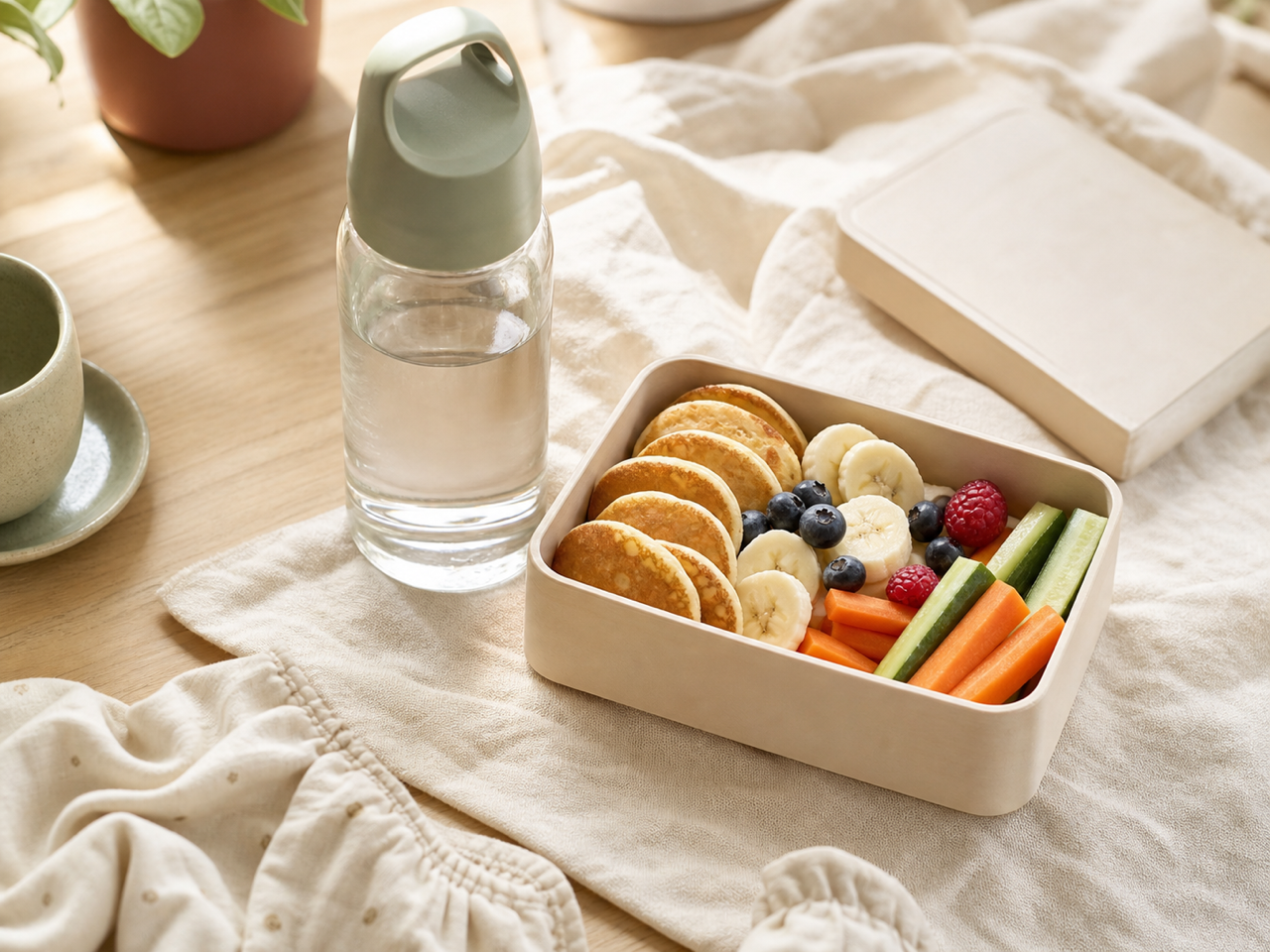 Snackbox mit Pancake-Stücken und Obst auf einem Leinentuch, bereit für unterwegs